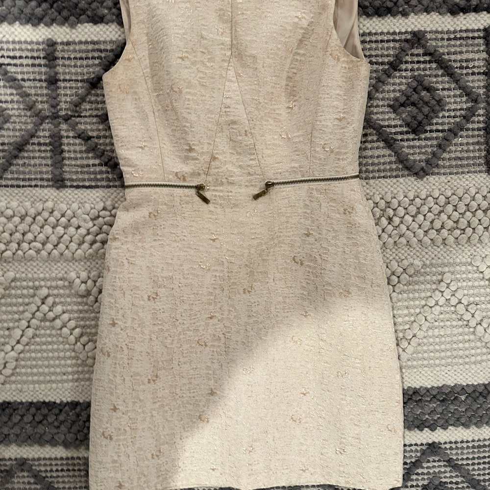 ECI brand gold cream sleek chic dress 6/medium zipper detail like new EUC
